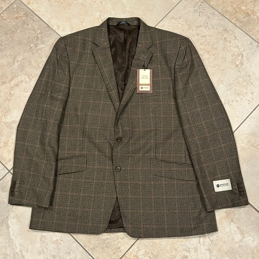 Haggar Houndstooth Windowpane Blazer Men 44R Brown 2 Button Tailored Sports Coat